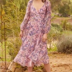 Astr Floral Wrap Midi Dress in Pink and Purple